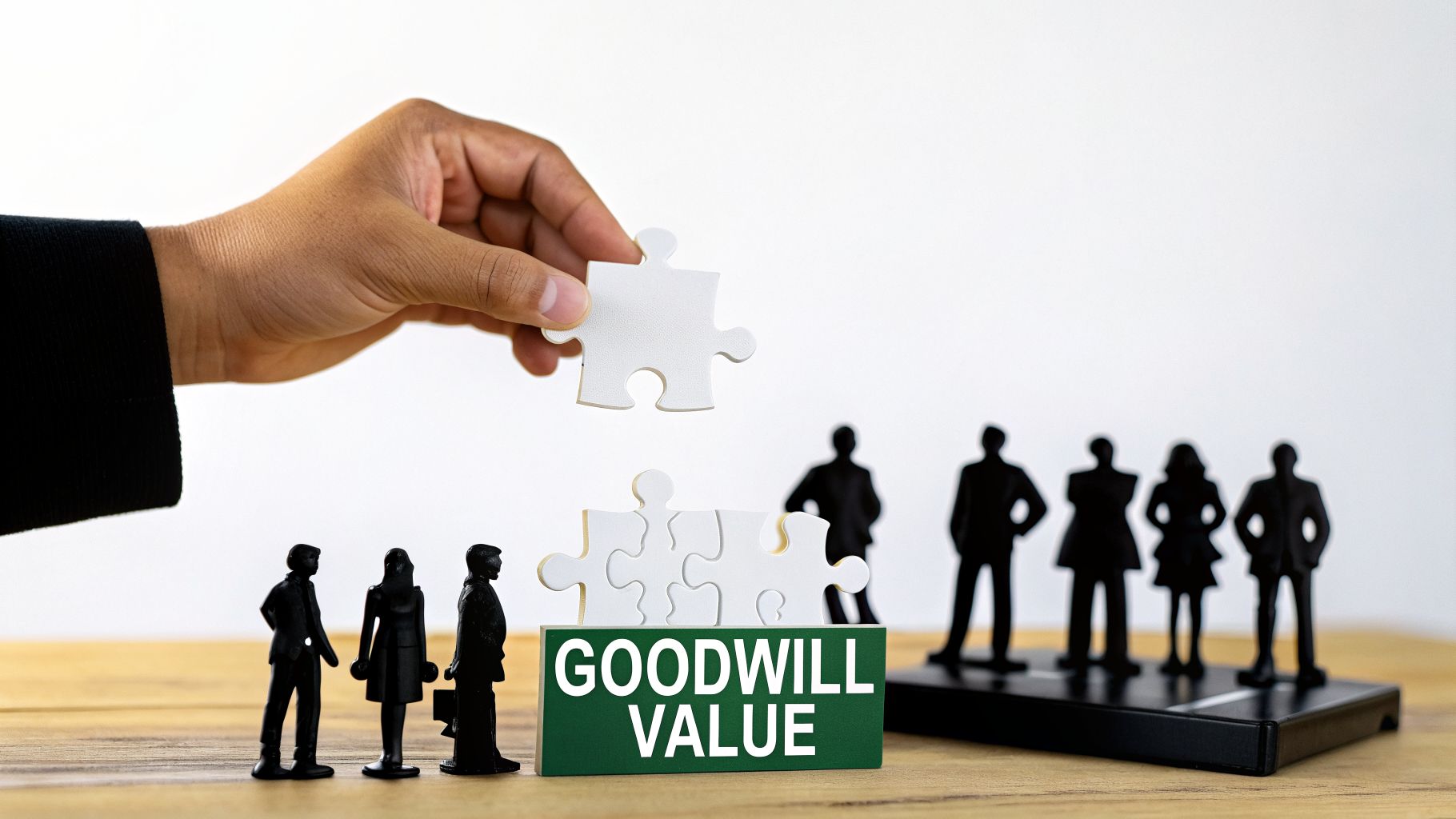 A hand adds a puzzle piece to complete 'GOODWILL VALUE' text, with business people silhouettes.