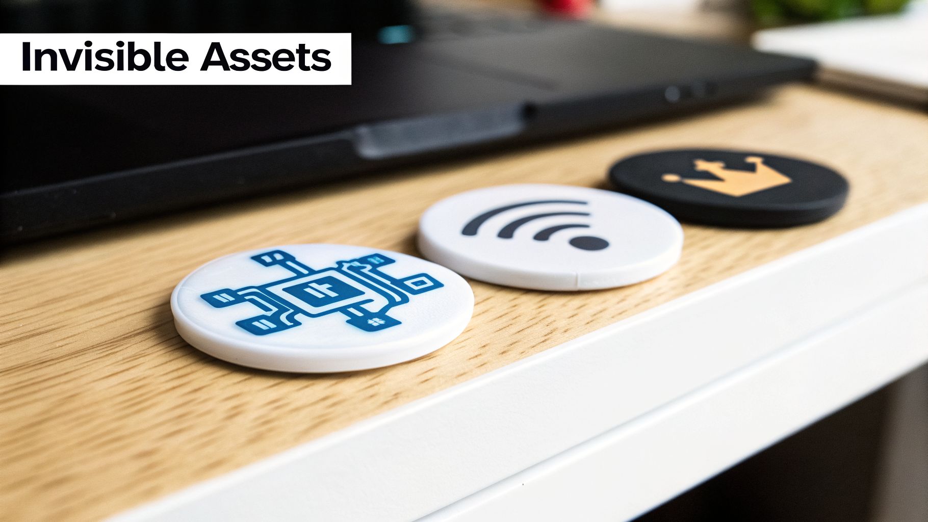 Three tokens with symbols for technology, WiFi, and a crown, representing invisible assets near a laptop.