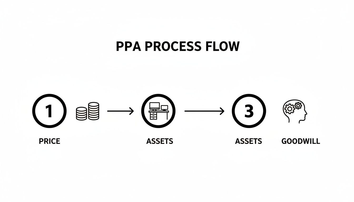 PPA process flow diagram illustrating the allocation of purchase price to assets and goodwill.