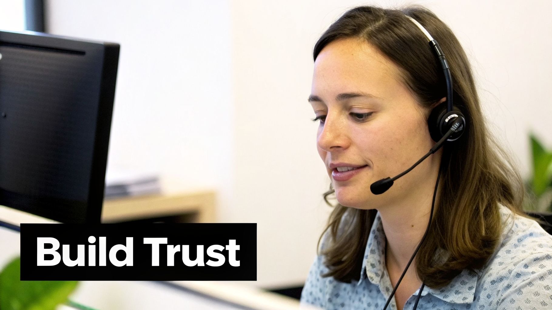 A smiling woman wearing a headset works at a computer, with a 'Build Trust' overlay.