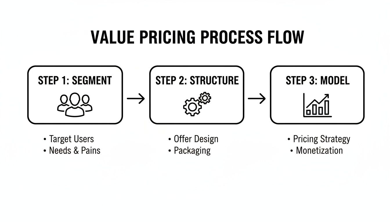 A flowchart showing the three steps of the value pricing process: Segment, Structure, Model.